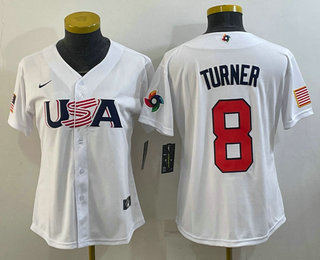 Womens USA Baseball #8 Trea Turner 2023 White World Classic Stitched Jerseys